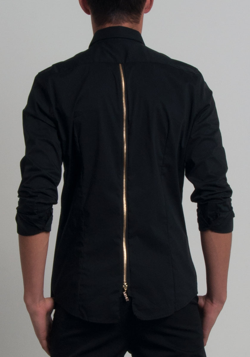 dress shirt zipper Black Splash Print Gold M / Black / COTTON color rainbow zipper with classic collar Black Zipper Shirt with Classic