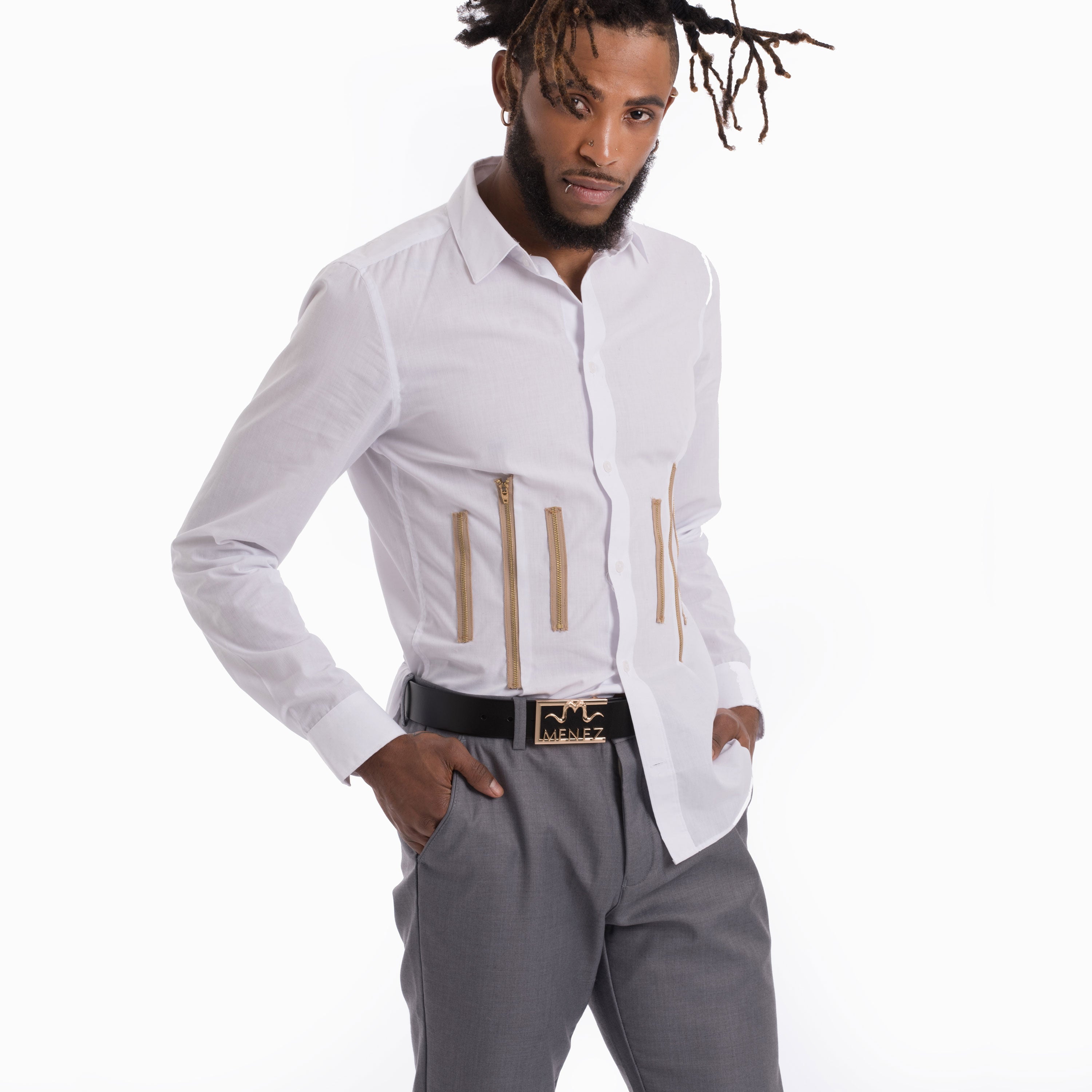 MENEZ WHITE DRESS SHIRT WITH ZIPPERS