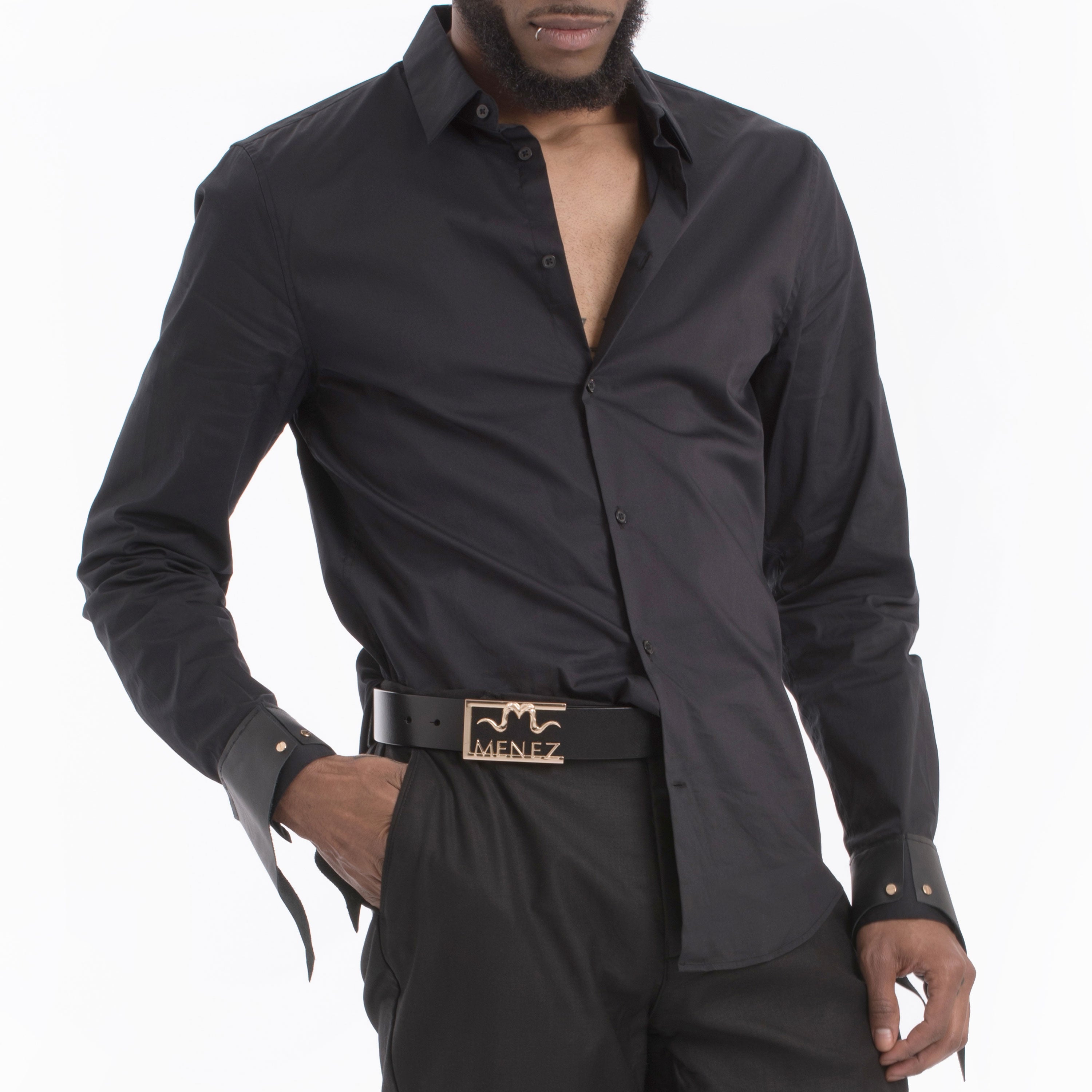MENEZ Black DRESS SHIRT WITH LEATHER CUFFS MEDIUM MENEZ Black DRESS SHIRT WITH LEATHER CUFFS MEDIUM