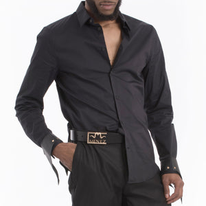 MENEZ BLACK DRESS SHIRT WITH LEATHER CUFFS - MENEZ