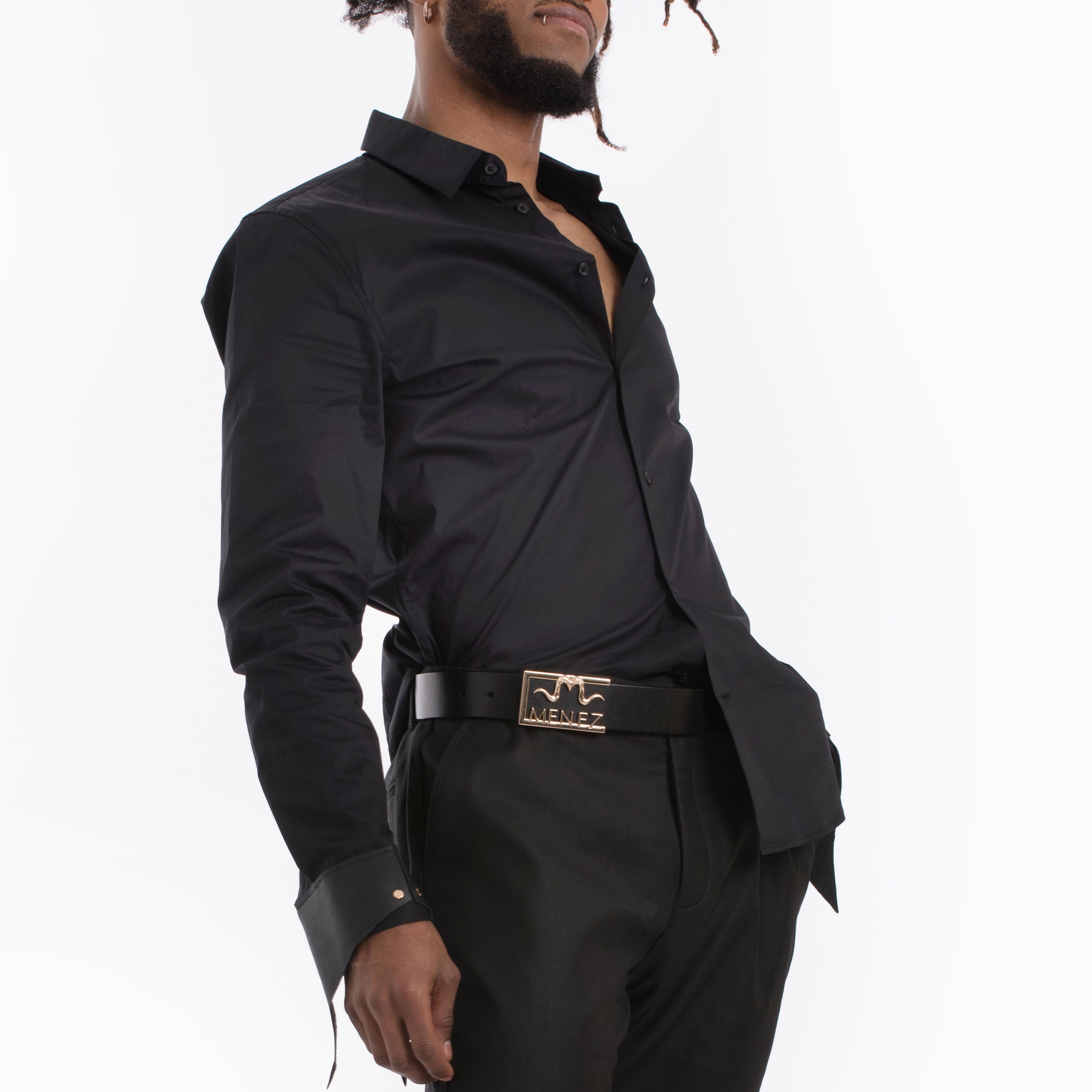 MENEZ Black DRESS SHIRT WITH LEATHER CUFFS MEDIUM MENEZ Black DRESS SHIRT WITH LEATHER CUFFS MEDIUM